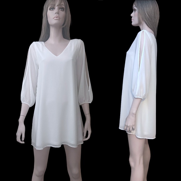 Lulu's Chiffon Cold Shoulder Shift Dress Tunic Wedding open sleeve Flowy Angelic - Picture 2 of 16